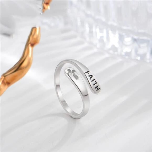 Faith Cross Sterling Silver Open Statement Rings Adjustable Minimalist Hope Love - Picture 6 of 7